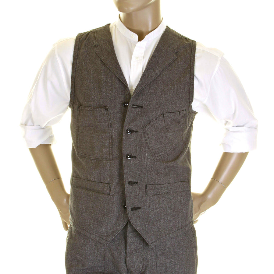 Sugarcane Mens SC12243 Vintage Cut 1940s Style Cover Engineer Cotton Waistcoat Vest in Charcoal Black CANE0251 Sugarcane Mens SC12243 Vintage Cut 1940s Style Cover Engineer Cotton Waistcoat Vest in Charcoal Black CANE0251