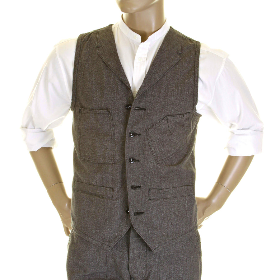 Sugarcane Mens SC12243 Vintage Cut 1940s Style Cover Engineer Cotton Waistcoat Vest in Charcoal Black CANE0251 Sugarcane Mens SC12243 Vintage Cut 1940s Style Cover Engineer Cotton Waistcoat Vest in Charcoal Black CANE0251