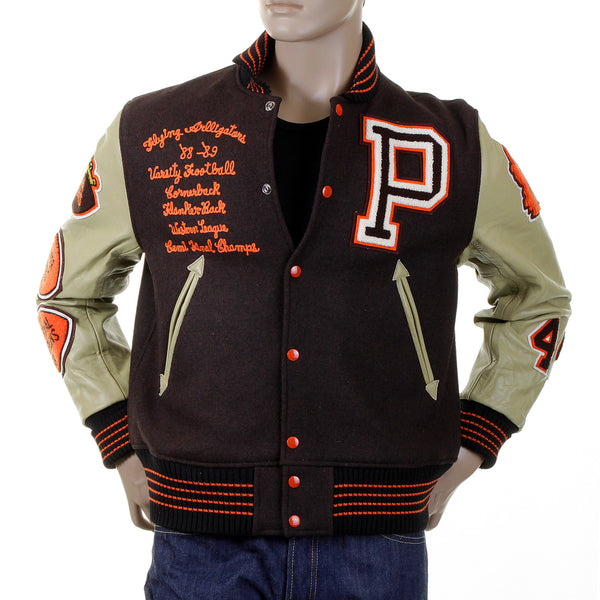 Whitesville Brown Wool Body Dark Cream Leather Sleeve WV12077 Regular Fit Flying Alligators Stadium Jacket CANE2101