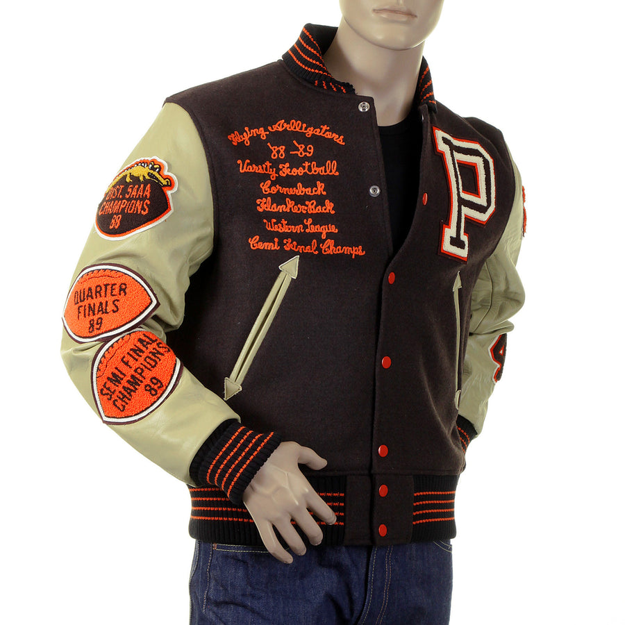 Whitesville Brown Wool Body Dark Cream Leather Sleeve WV12077 Regular Fit Flying Alligators Stadium Jacket CANE2101 Whitesville Brown Wool Body Dark Cream Leather Sleeve WV12077 Regular Fit Flying Alligators Stadium Jacket CANE2101