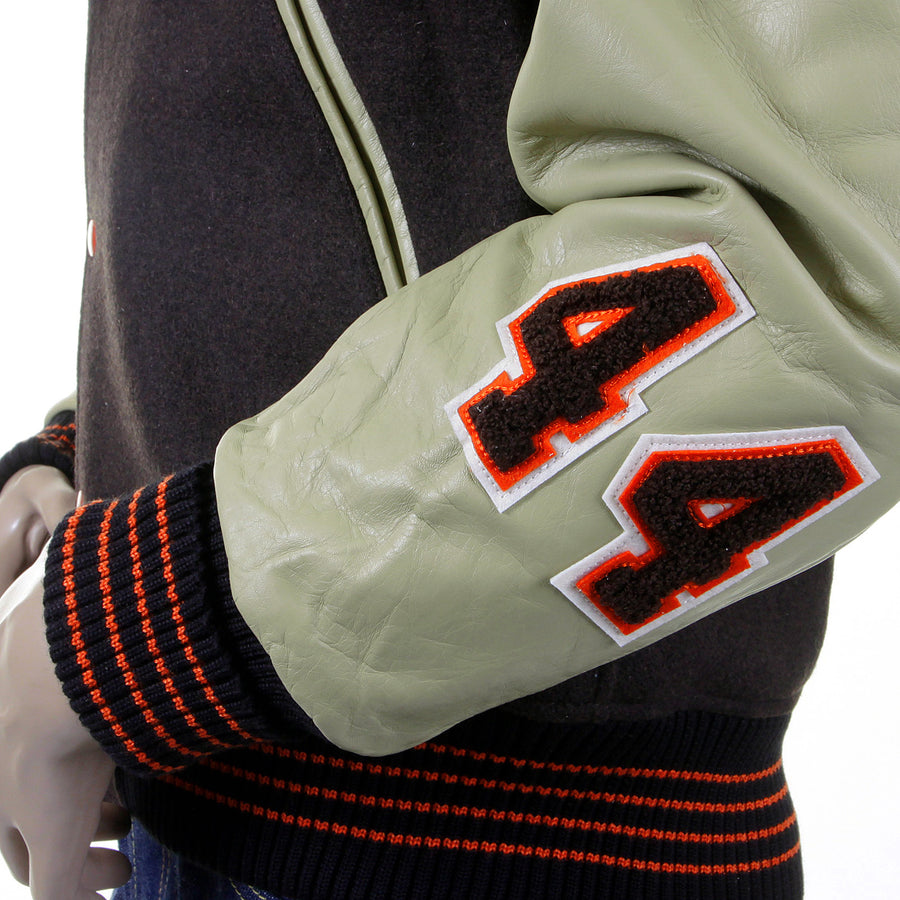 Whitesville Brown Wool Body Dark Cream Leather Sleeve WV12077 Regular Fit Flying Alligators Stadium Jacket CANE2101 Whitesville Brown Wool Body Dark Cream Leather Sleeve WV12077 Regular Fit Flying Alligators Stadium Jacket CANE2101
