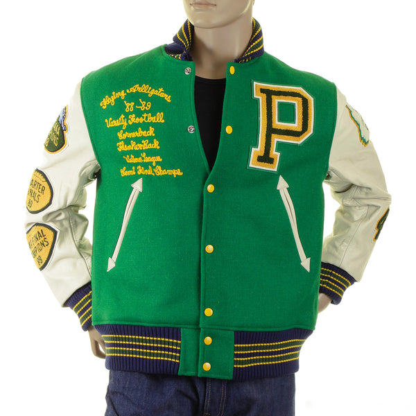 Whitesville Regular Fit WV12077 Kelly Green Melton Wool Flying Aliigators Stadium Jacket with White Leather Sleeves CANE2102