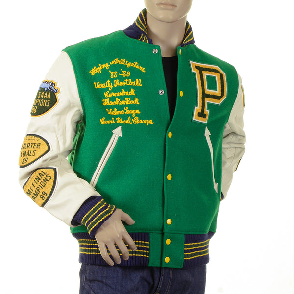 Whitesville Regular Fit WV12077 Kelly Green Melton Wool Flying Aliigators Stadium Jacket with White Leather Sleeves CANE2102