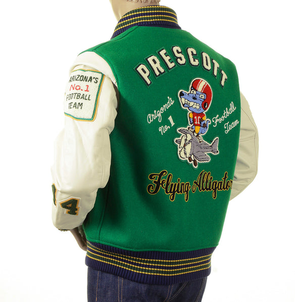 Whitesville Regular Fit WV12077 Kelly Green Melton Wool Flying Aliigators Stadium Jacket with White Leather Sleeves CANE2102