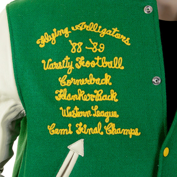 Whitesville Regular Fit WV12077 Kelly Green Melton Wool Flying Aliigators Stadium Jacket with White Leather Sleeves CANE2102