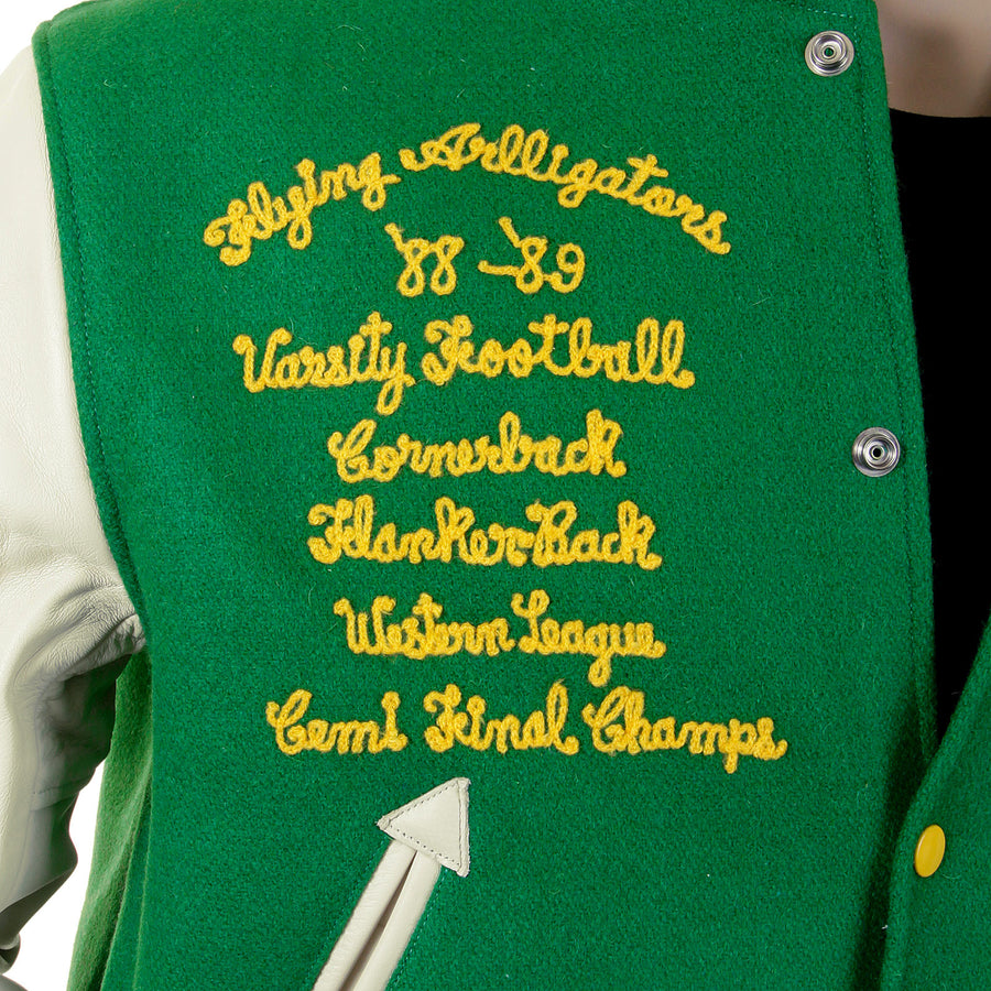 Whitesville Regular Fit WV12077 Kelly Green Melton Wool Flying Aliigators Stadium Jacket with White Leather Sleeves CANE2102 Whitesville Regular Fit WV12077 Kelly Green Melton Wool Flying Aliigators Stadium Jacket with White Leather Sleeves CANE2102