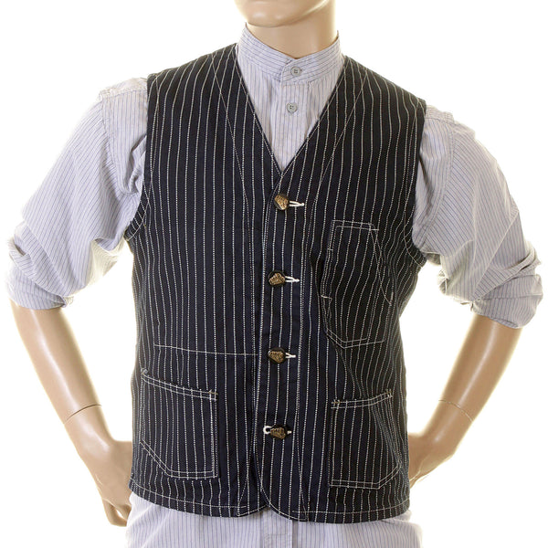 Sugarcane Mens Navy SC12361A Dot Striped Wabash Engineer Vintage Cut Regular Fit Denim Waistcoat Top CANE2015