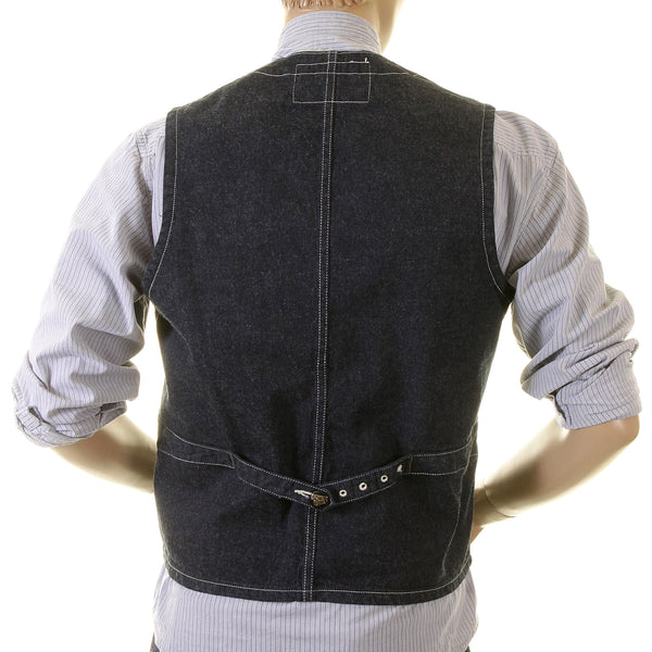 Sugarcane Mens Navy SC12361A Dot Striped Wabash Engineer Vintage Cut Regular Fit Denim Waistcoat Top CANE2015