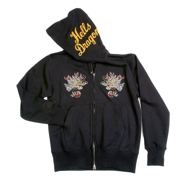 Slim Fit TT64244 Black Hoodie with Hells Dragon Embroidery CANE2849