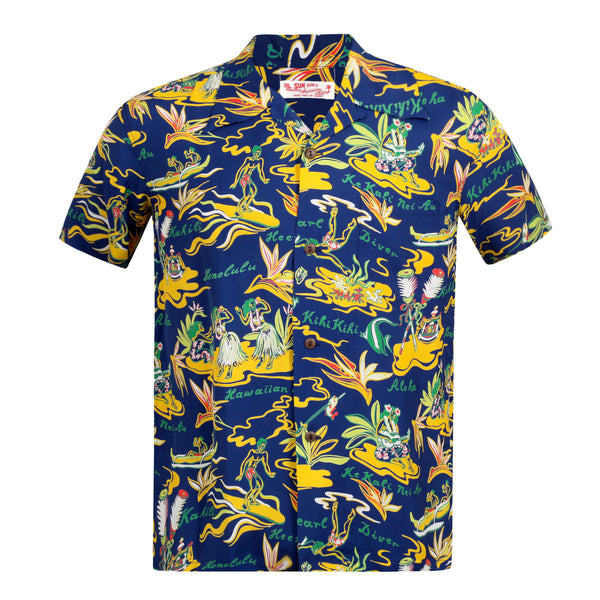 Mens Hawaiian Hula Printed SS37771 Navy Rayon Hawaiian Shirt SURF8585