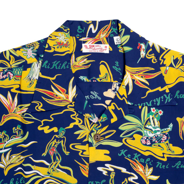 Mens Hawaiian Hula Printed SS37771 Navy Rayon Hawaiian Shirt SURF8585