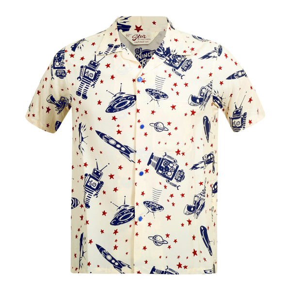 Vince Ray SH37591 Space Rockets Off White Hawaiian Shirt SoH9043