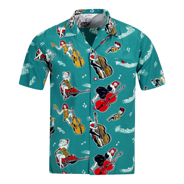 Blue SH38114 Hawaiian Shirt with Double Bass Pinups Print SoH10091