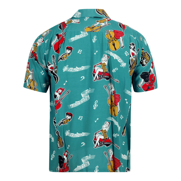 Blue SH38114 Hawaiian Shirt with Double Bass Pinups Print SoH10091