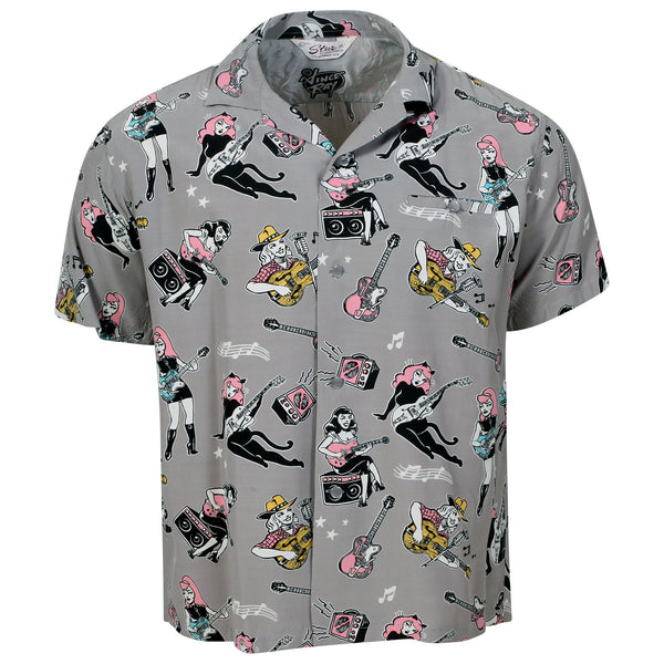 Girls N Guitars Print SH38375 Rayon Made Grey Hawaiian Shirt SoH11080