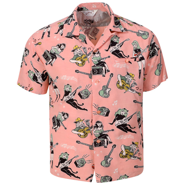 Girls N Guitars Printed SH38375 Short Sleeved Pink Shirt SoH11081