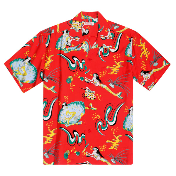 Red Mermaid Print SS38031 Hawaiian Shirt with Cuban Collar SURF10088
