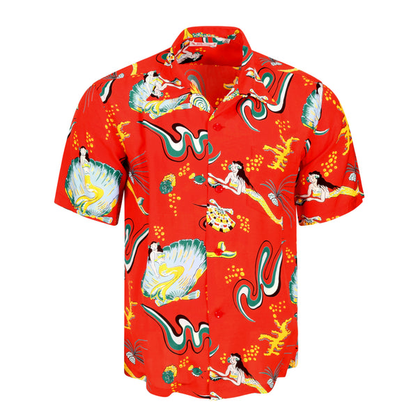 Red Mermaid Print SS38031 Hawaiian Shirt with Cuban Collar SURF10088