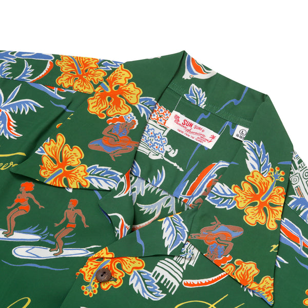 Aloha Hawaii Rayon Made SS38313 Green Hawaiian Shirt SURF11088