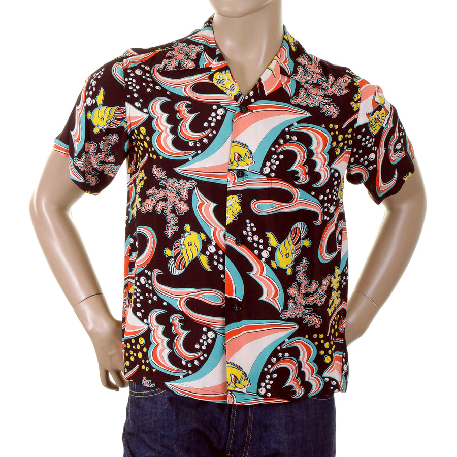 Sun Surf Mens SS34455 Brown Regular Fit Short Sleeve Cuban Collar Hawaiian Shirt with Underwater Coral Print SURF3726
