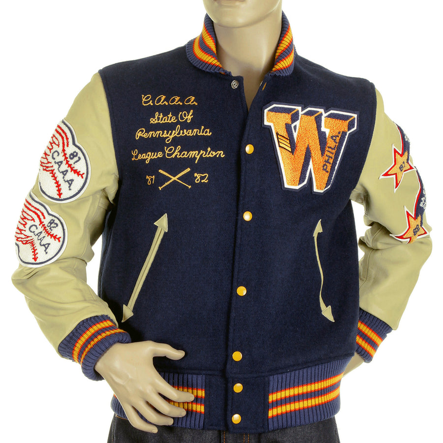 Sugar Cane Mens WV11793 Royal Blue with Cream Leather Sleeve Philadelphia Wild Cats Letterman Stadium Jacket WHIT4228