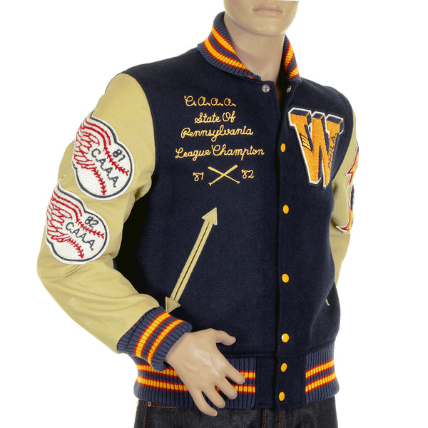 Sugar Cane Mens WV11793 Royal Blue with Cream Leather Sleeve Philadelphia Wild Cats Letterman Stadium Jacket WHIT4228