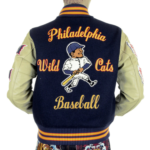 Sugar Cane Mens WV11793 Royal Blue with Cream Leather Sleeve Philadelphia Wild Cats Letterman Stadium Jacket WHIT4228