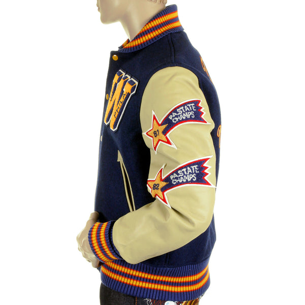 Sugar Cane Mens WV11793 Royal Blue with Cream Leather Sleeve Philadelphia Wild Cats Letterman Stadium Jacket WHIT4228