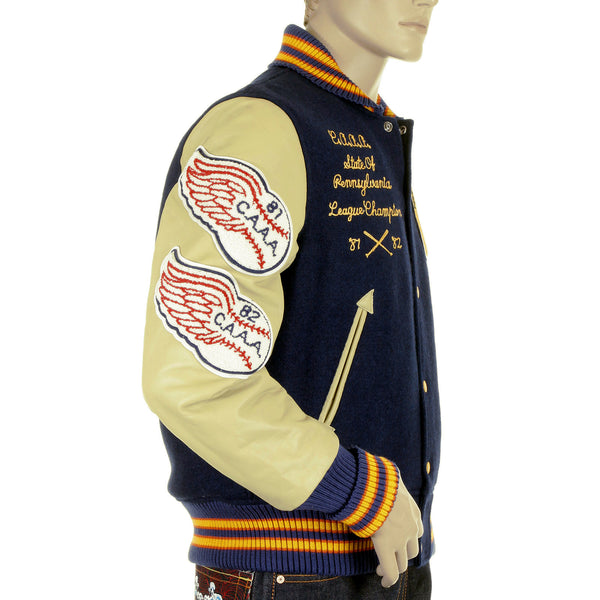 Sugar Cane Mens WV11793 Royal Blue with Cream Leather Sleeve Philadelphia Wild Cats Letterman Stadium Jacket WHIT4228