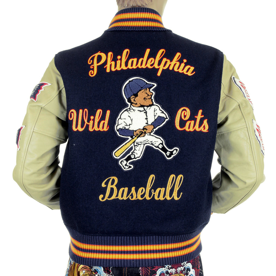 Whitesville Letterman WV11793 Philadelphia Wild Cats Stadium Jacket with Royal Blue Body and Cream Leather Sleeve WHIT4228A