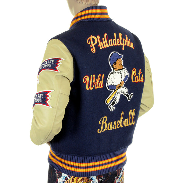 Whitesville Letterman WV11793 Philadelphia Wild Cats Stadium Jacket with Royal Blue Body and Cream Leather Sleeve WHIT4228A
