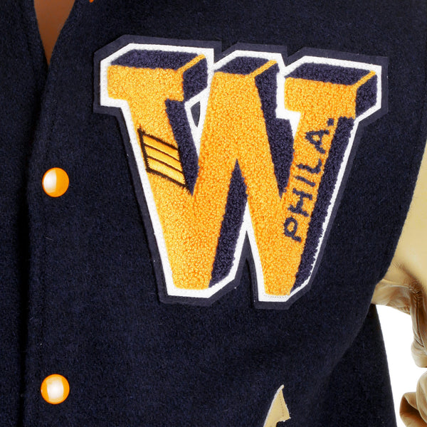 Whitesville Letterman WV11793 Philadelphia Wild Cats Stadium Jacket with Royal Blue Body and Cream Leather Sleeve WHIT4228A