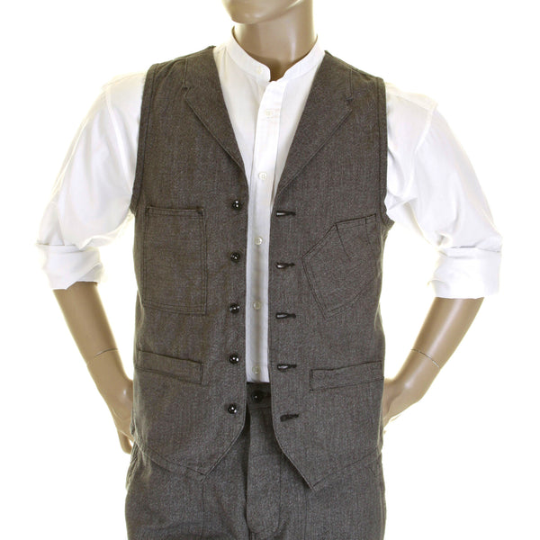 Sugarcane Mens SC12243 Vintage Cut 1940s Style Cover Engineer Cotton Waistcoat Vest in Charcoal Black CANE0251
