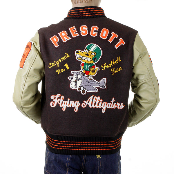 Sugarcane Mens Letterman WV12077 Melton Wool Brown and Dark Cream Flying Alligators stadium Jacket CANE2101A