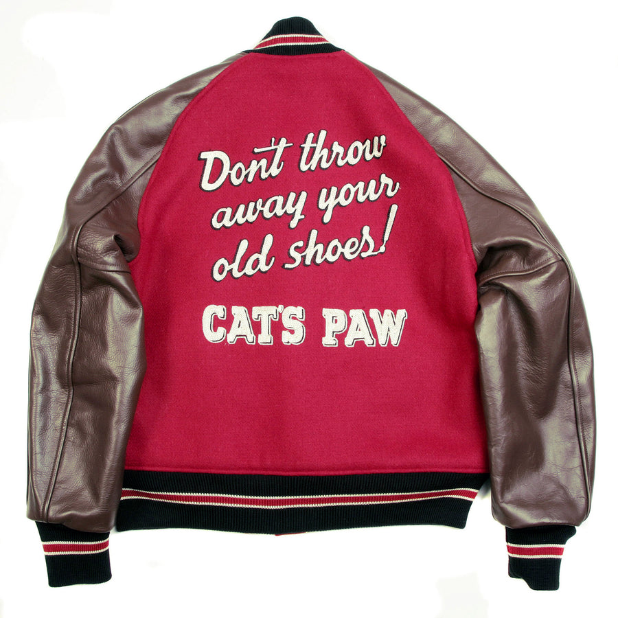 Red Body Brown Raglan Sleeve WV11376 Cats Paw Varsity Jacket WHIT3783a