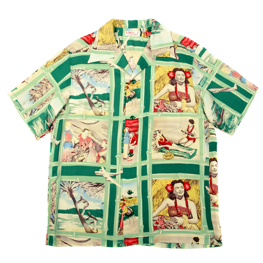 Sun Surf Mens SS33326 Green Vintage Short Sleeve Cuban Collar Hawaiian Shirt with Fly to the Paradise Print SURF9051