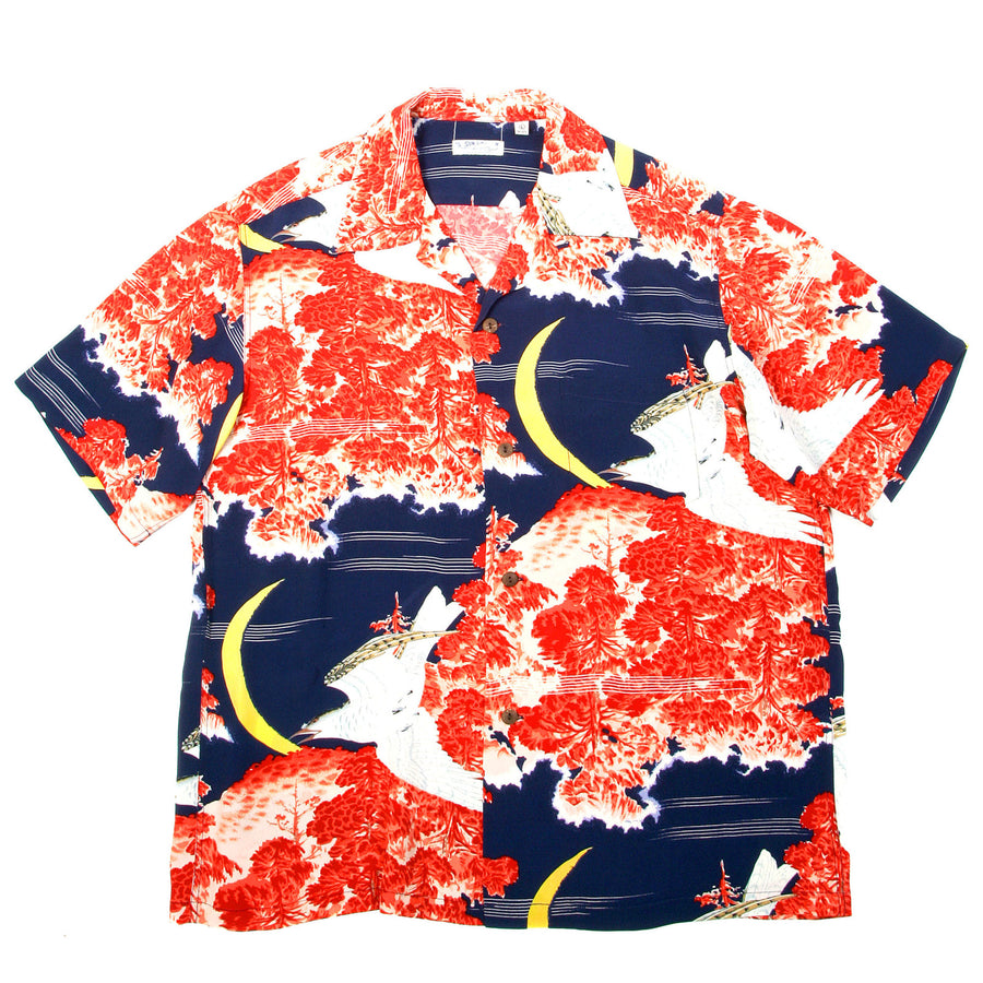Sun Surf Mens SS33330 Vintage Hawaiian Navy Blue Short Sleeve Cuban Collar Shirt with Falcon and Aloha Moon Print SURF9054
