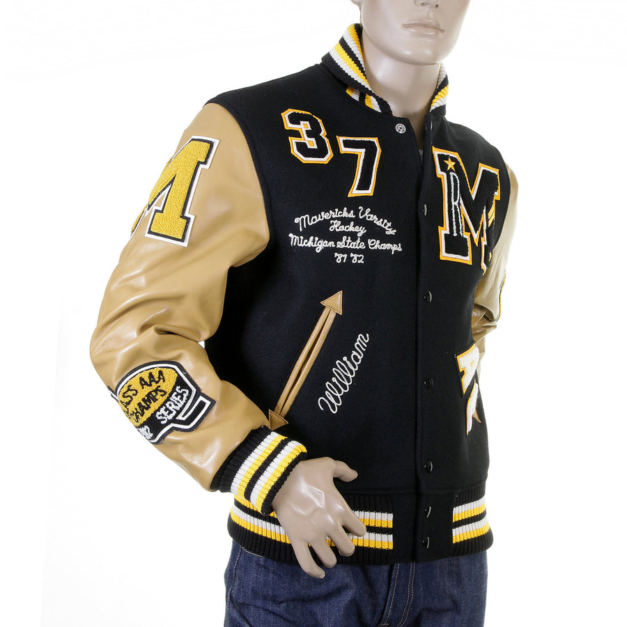 Sugar Cane's Whitesville Letterman WV12310 30oz melton wool set in award Mavericks stadium jacket WHIT1091