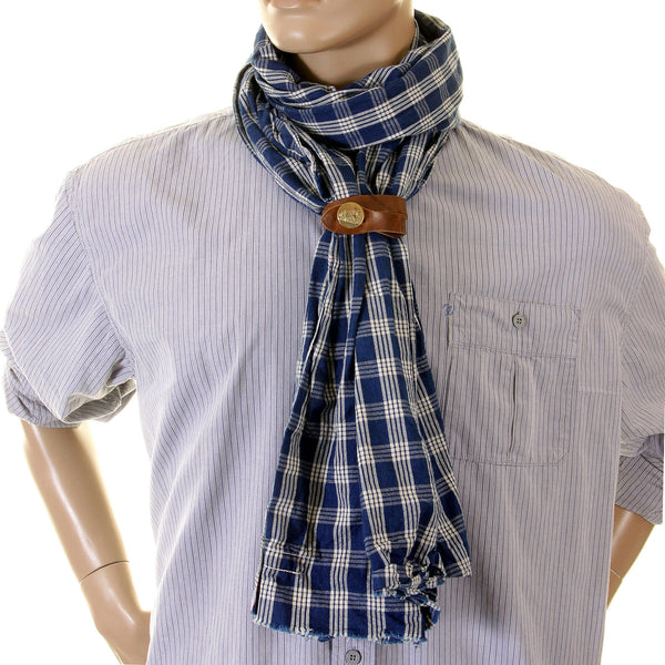 Sugarcane Blue Palaka SC01968A One Wash Vintage Cut Stole for Men with Leather Stole Ring CANE2694