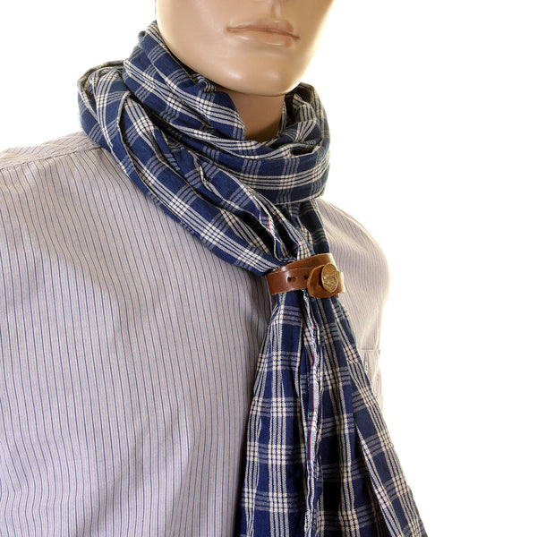 Sugarcane Blue Palaka SC01968A One Wash Vintage Cut Stole for Men with Leather Stole Ring CANE2694