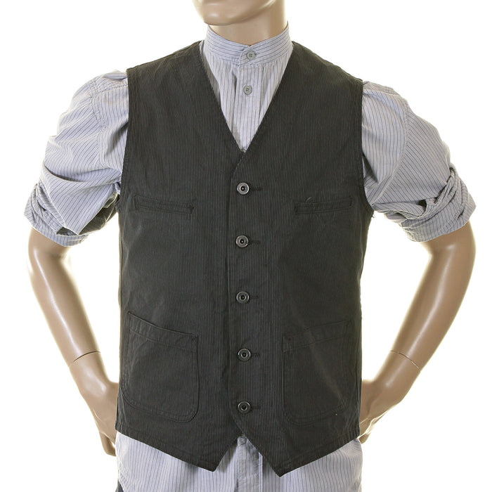Black Vintage Cut Cotton SC12458 Striped Work Vest for Men CANE2727