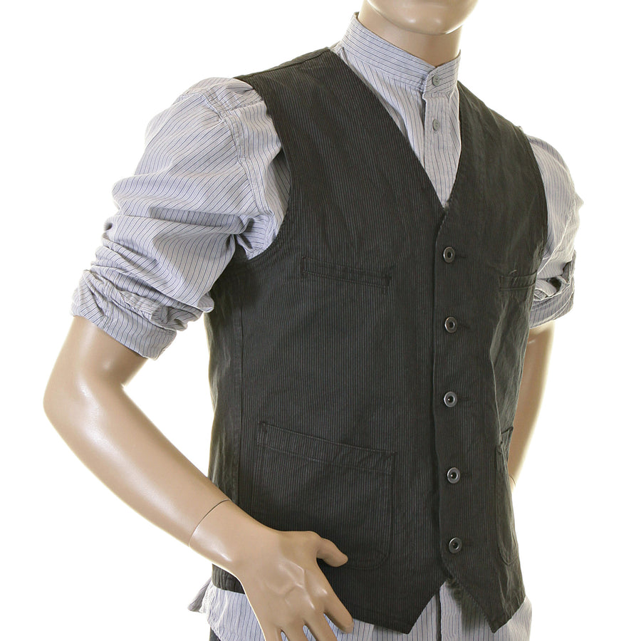 Black Vintage Cut Cotton SC12458 Striped Work Vest for Men CANE2727