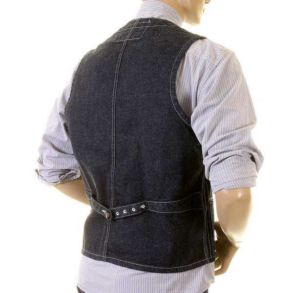 Sugarcane Mens Navy SC12361A Dot Striped Wabash Engineer Vintage Cut Regular Fit Denim Waistcoat Top CANE2015