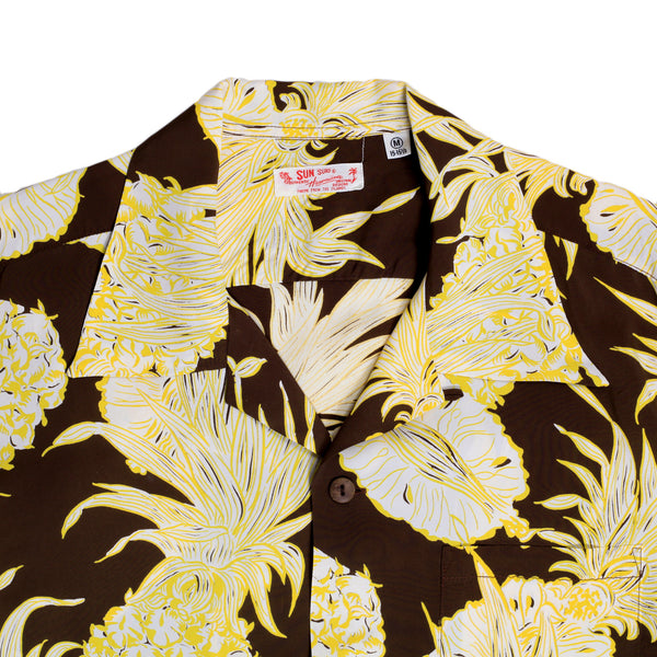 Yellow Island Pineapple Printed SS37452 Brown Hawaiian Shirt SURF7532