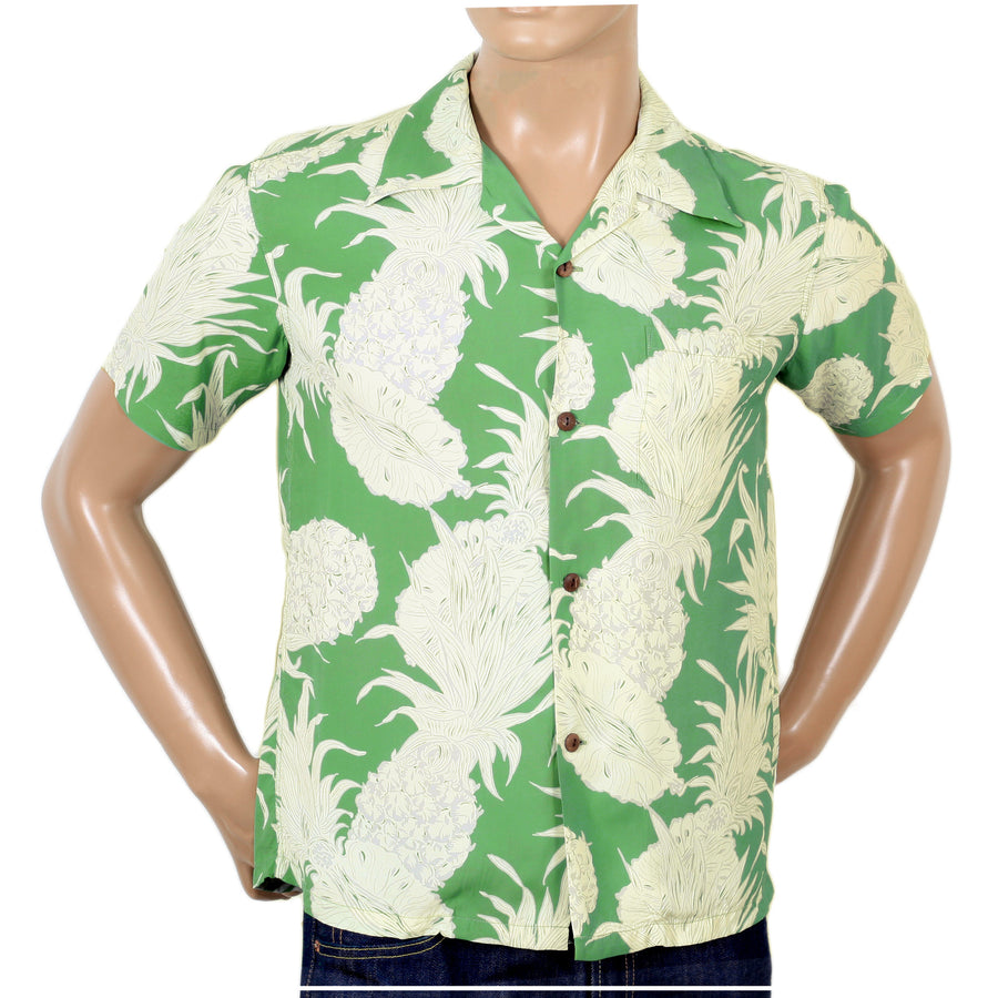 Sun Surf Green Short Sleeve Regular Fit Hawaiian Shirt for Men with Grey Island Pineapple Print SURF7531