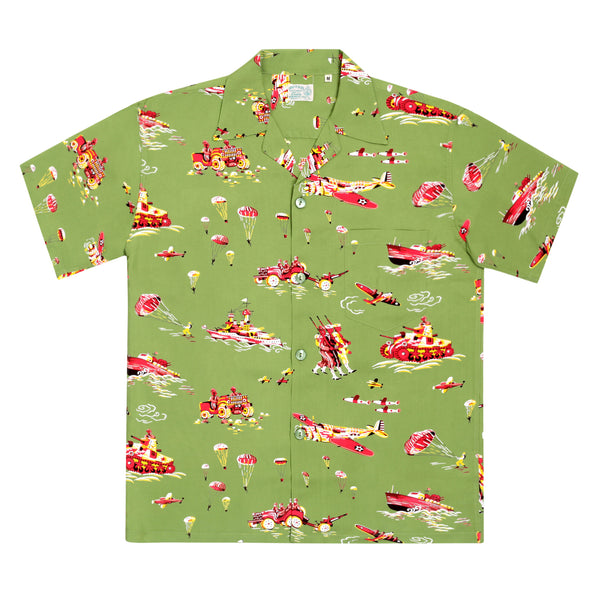 Oahu History of Troops Printed SS33876 Olive Hawaiian Shirt SURF7568