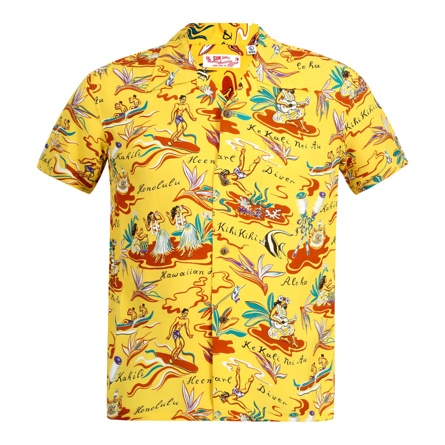 Mens Hawaiian Hula Print SS37771 Yellow Rayon Hawaiian Shirt SURF8587