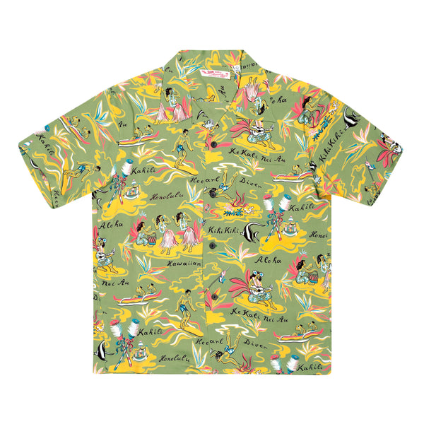 Mens Hawaiian Hula Print SS37771 Green Rayon Hawaiian Shirt SURF8586