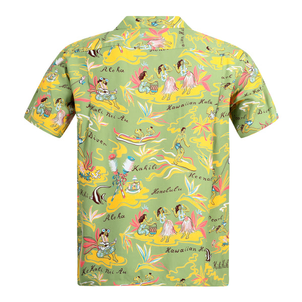 Mens Hawaiian Hula Print SS37771 Green Rayon Hawaiian Shirt SURF8586