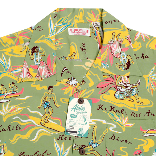 Mens Hawaiian Hula Print SS37771 Green Rayon Hawaiian Shirt SURF8586